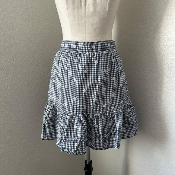 Madewell Embroidered Pintuck Tiered Navy Gingham Mini Skirt Sz L - Picture 2 of 8